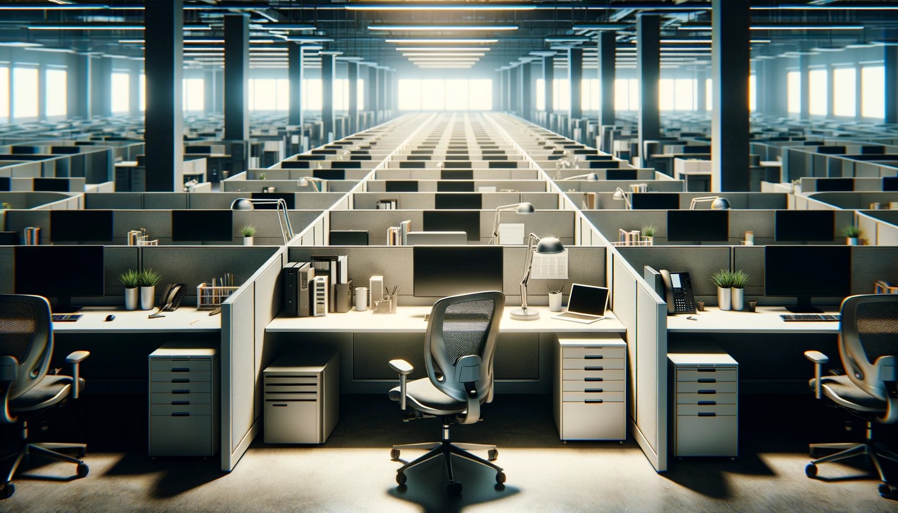 DALL·E 2024-02-29 13.19.46 - An office space filled with empty cubicles, highlighting the quiet and deserted atmosphere of a workplace with return to office mandates. The scene ca