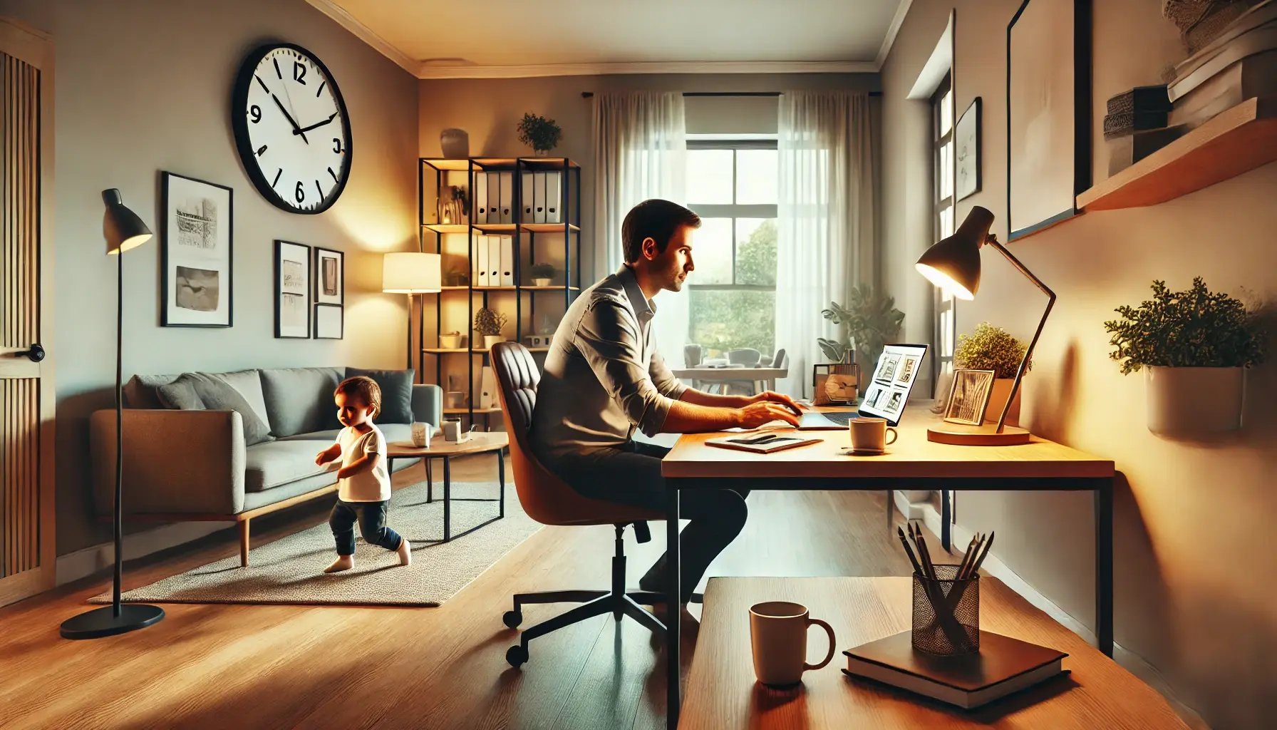 DALL·E 2025-03-17 15.38.41 - A modern home office setup in a wide-angle view. A person is working on a laptop at a desk, looking relaxed and productive. Nearby, a child is playing DALL·E 2025-03-17 15.38.41 - A modern home office setup in a wide-angle view. A person is working on a laptop at a desk, looking relaxed and productive. Nearby, a child is playing